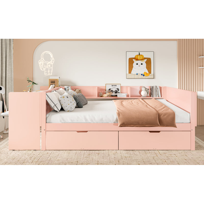 Flachbett, Holzbett, 140x200cm, mit Schreibtisch, ausgestattet mit 2 Schubladen, Doppelbett(Ohne Matratze), mit Regalen, Kiefer + Spanplatte, Rosa