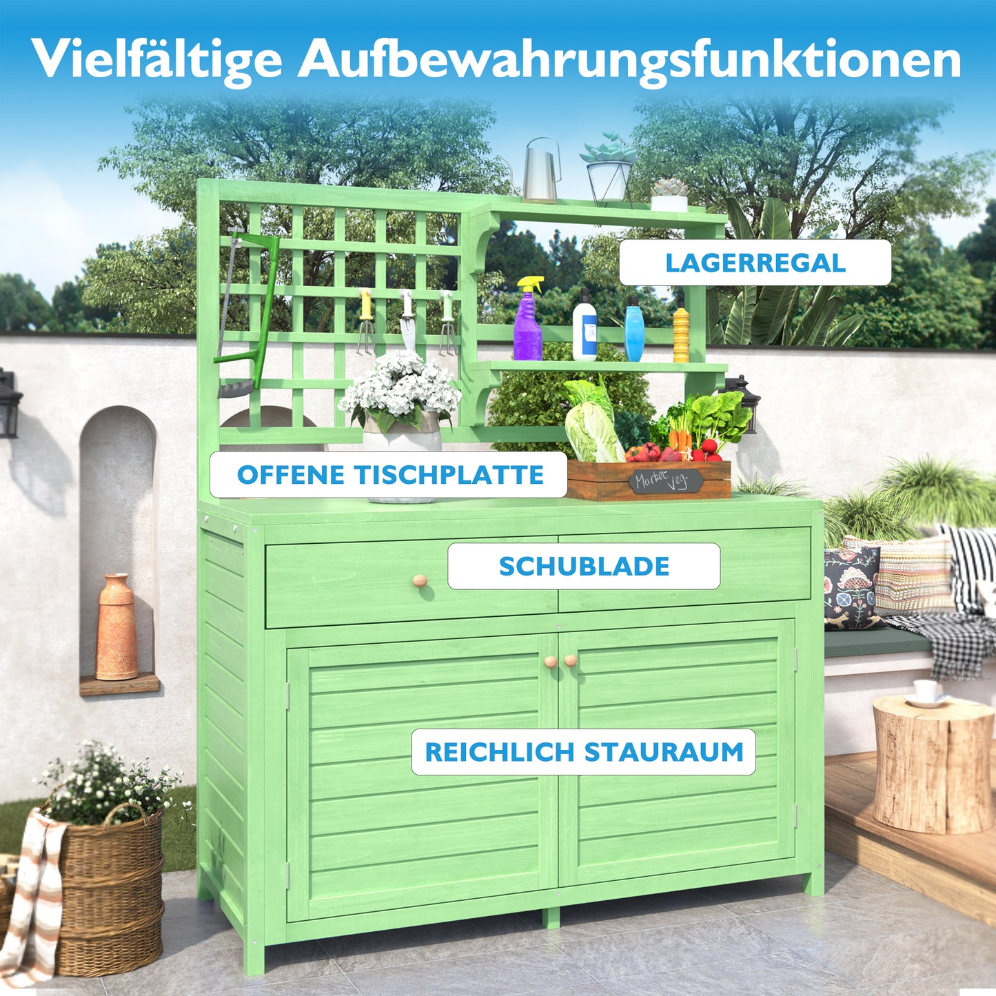 Holz Gartenschrank,Gartenschrank mit Regalen  Outdoor Schrank, Gartenschrank Geräteschuppen Terrassenschrank, Balkonschrank, Gerätehaus, Garten Möbel, Grün