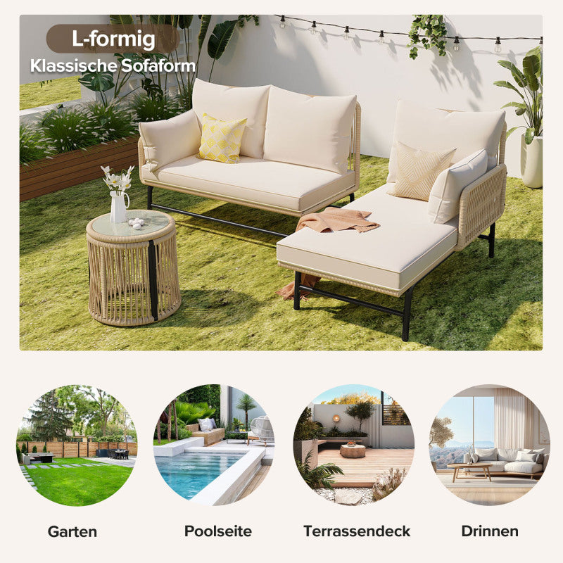 Gartenlounge-Set, Gartenmöbel-Set, Mit Eisenrahmen und beigem Seil, Gartenmöbel aus gewebtem Seil für den Außenbereich, Beige, Zwei Sessel, zwei 2-Sitzer-Sofas und zwei Tische (alle Kissen inklusive)