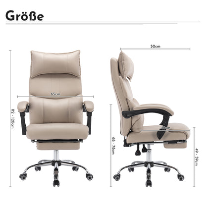 Chefsessel Beige PU-Leder, Ergonomisch, Höhenverstellbar, Doppel-Lordosenstütze