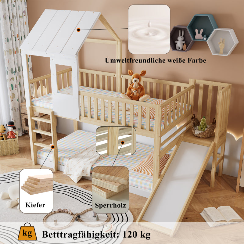 Etagenbett mit rechtwinkliger Leiter und Rutsche, Hausbett mit Dach und Fenster, Kinderbett mit Fallschutz und Gitter, Rahmen aus Kiefer, Natur+Weiß (90x200cm)