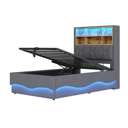 Kinderbett 90x200cm mit hydraulischem Stauraum APP-gesteuertes LED-Lichtband USB-Ladeanschluss Metall-Lattenrost Leinenpolsterung Grau