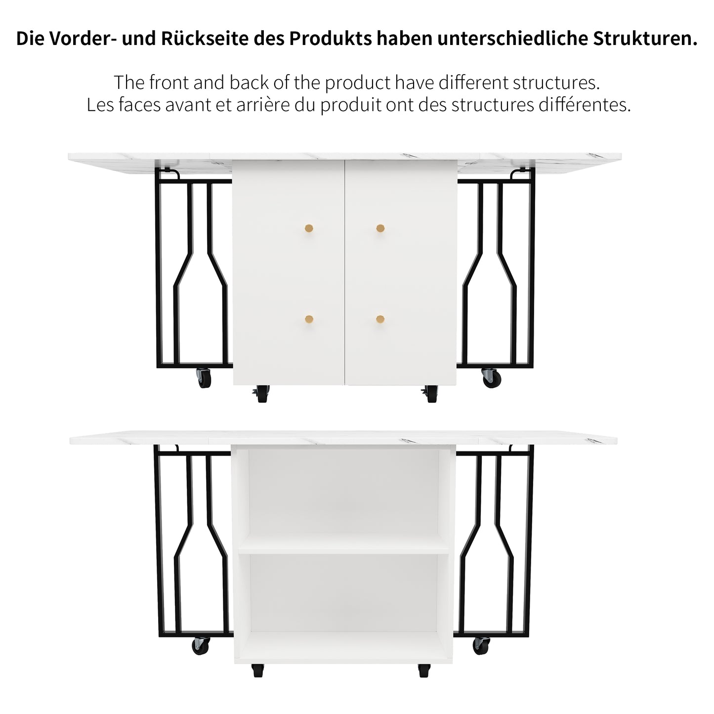 Tragbarer Esstisch, klappbare Tischplatte, marmorierte Tischplatte, geeignet für Esszimmer, Wohnzimmer, verstellbare Trennwände, großes Staufach, 6 Rollen (2 feststellbar), schwarze Tischbeine