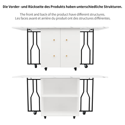 Tragbarer Esstisch, klappbare Tischplatte, marmorierte Tischplatte, geeignet für Esszimmer, Wohnzimmer, verstellbare Trennwände, großes Staufach, 6 Rollen (2 feststellbar), schwarze Tischbeine