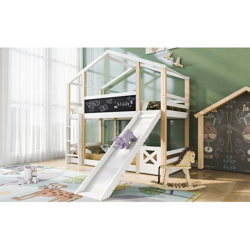 Kinderbett Baumhaus mit Rutsche & Leiter 90 x 200 cm, Hochbett für Kinder– 2x Lattenrost- Natur & Weiß
