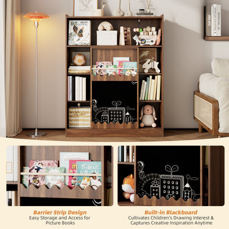 Bücherregal mit Tafel, Schiebetüren & Bilderbuch Ablage, Offenes 9-Fach Regal mit großem Stauraum, 120x38.5x151.5 cm, Nussbaumfarben