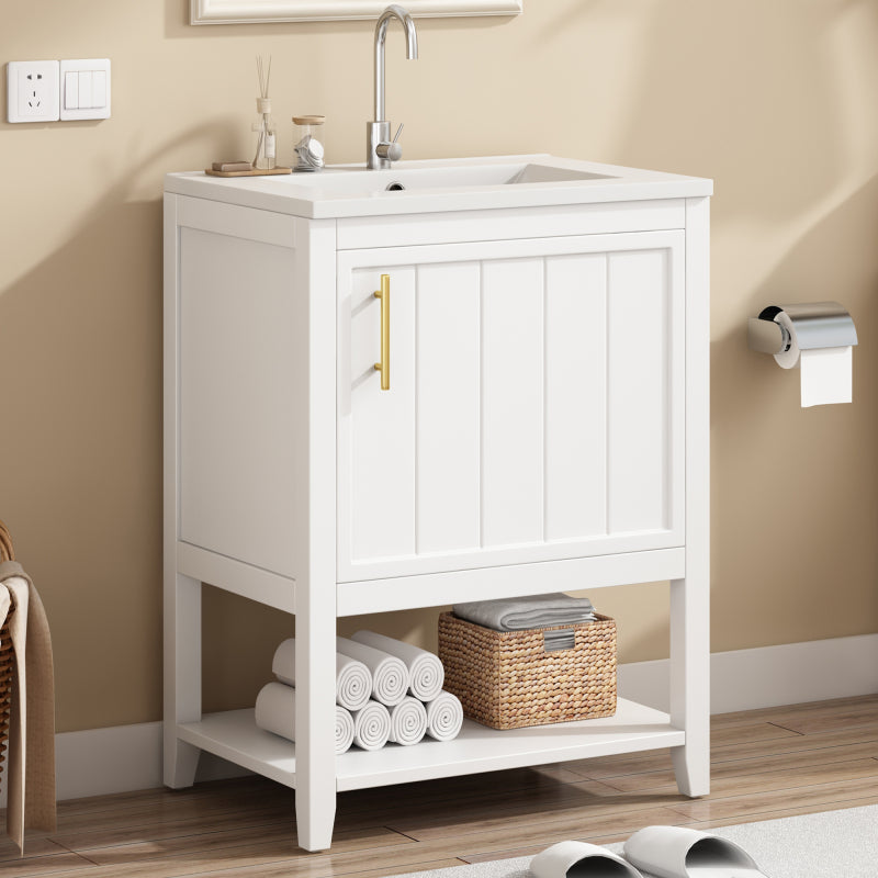 Badmöbel Einzelwaschtisch,Waschtischunterschrank 60 cm mit Keramikwaschbecken,mit Ablage,weiß