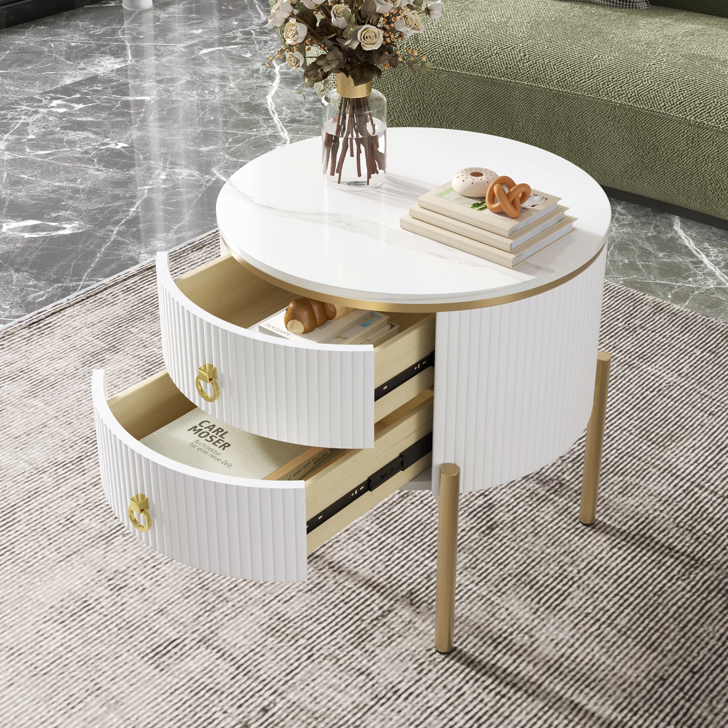 Beistelltisch, Couchtisch mit Schubladen, Marmorstruktur, goldenen Beinen und Griffen