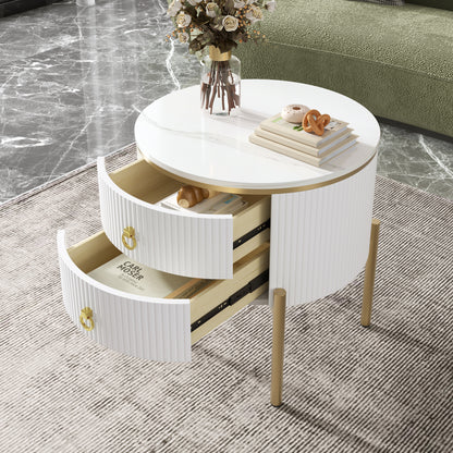 Beistelltisch, Couchtisch mit Schubladen, Marmorstruktur, goldenen Beinen und Griffen
