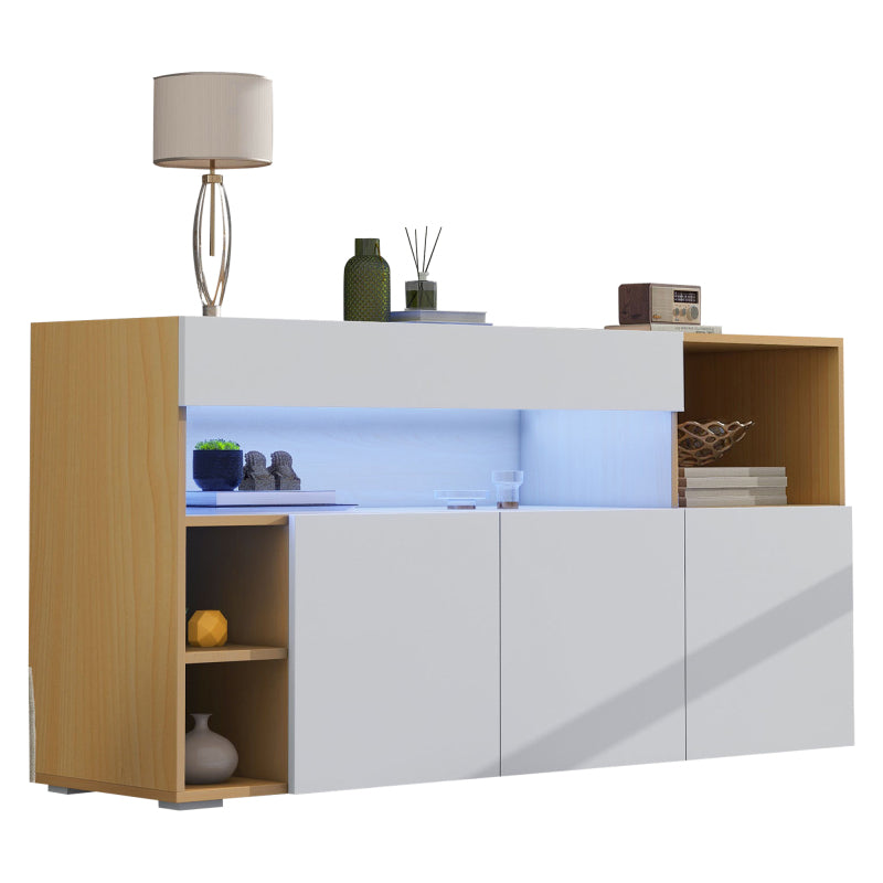 LED Sideboard Breite 140cm, Multifunktionales Sideboard,Kommode, Highboard , Luxuriöses Sideboard für Wohnzimmer, Eckschrank für Flur, Schrank für Schlafzimmer, Weiß und Eiche