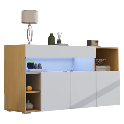 LED Sideboard Breite 140cm, Multifunktionales Sideboard,Kommode, Highboard , Luxuriöses Sideboard für Wohnzimmer, Eckschrank für Flur, Schrank für Schlafzimmer, Weiß und Eiche