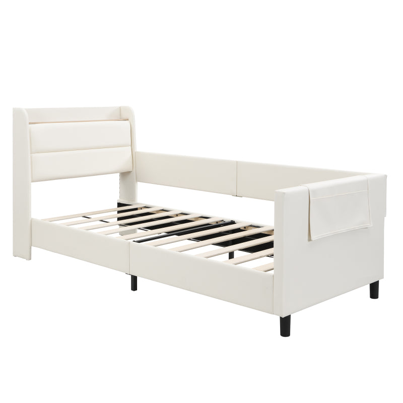 Kinder-Spleißbett, Polsterbett, Tagesbett, Schlafsofa mit Metallbettgestell, Kindernachttisch mit unterer Klapptür, 3 kleine Aufbewahrungstaschen, PU+MDF+Sperrholz, Weiß, 90x200cm