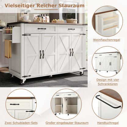 Kücheninsel, Servierwagen mit ausziehbarer Arbeitsplatte, Küchenschrank,Küchentrolley,Kücheninselwagen,Speisewagen mit vier Türen und zwei Schubladen,Speisewagen mit Holzmaserung