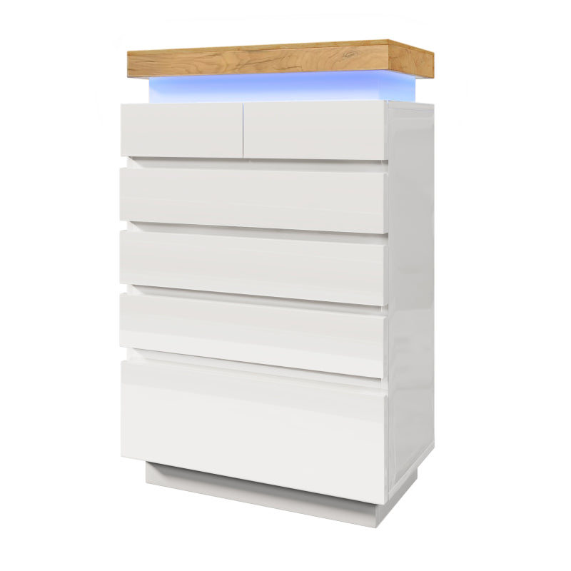Kommode, Hochglanz Sideboard mit 6 Schubladen, LED Beleuchtung (App Control), Mehrzweckschrank für Wohnzimmer und Schlafzimmer, 115 x 73 x 39 cm, Weiß