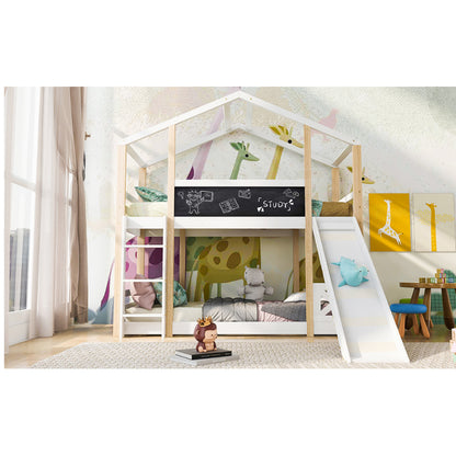 Kinderbett Baumhaus mit Rutsche & Leiter 90 x 200 cm, Hochbett für Kinder– 2x Lattenrost- Natur & Weiß