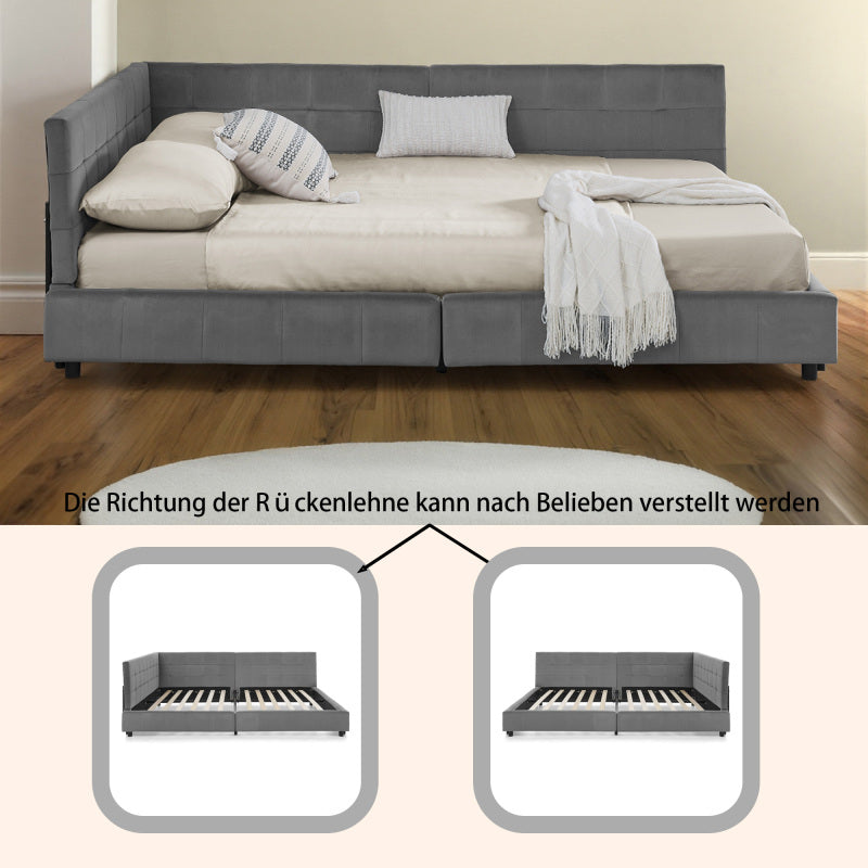 Doppelbett 140x200 cm, weiches hautfreundliches Samt, L-förmiges Eck Bettgestell, robuste Eukalyptus- und Eisenlatten, Dark Gray (ohne Matratze)