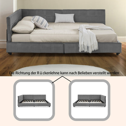 Doppelbett 140x200 cm, weiches hautfreundliches Samt, L-förmiges Eck Bettgestell, robuste Eukalyptus- und Eisenlatten, Dark Gray (ohne Matratze)