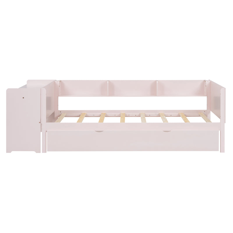 90*200cm, Flachbett, mit ausziehbarem Bett, mit Schreibtisch, drei Regale an der Seite des Bettes, Rosa
