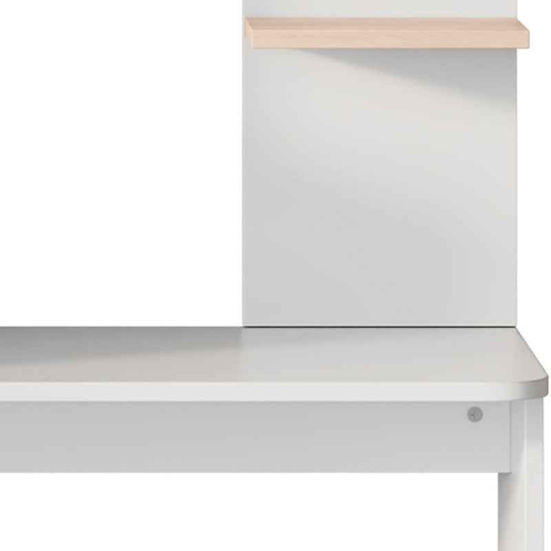 Arbeitstisch/Schreibtisch mit Aufbewahrung – Weiß mit Stabholzkontrast, unterer Schrank mit Türen und oberes offenes Regal, Büro-Design