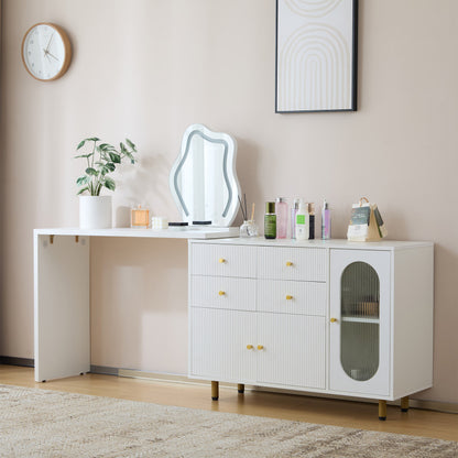 Schminktisch, Kosmetiktisch-Set mit Spiegel und Beleuchtung, ausziehbare Tischplatte, links-rechts wechselbar, 3-farbige LED-Beleuchtung, Maße: B100/H74.5/T40 cm (ohne Hocker)