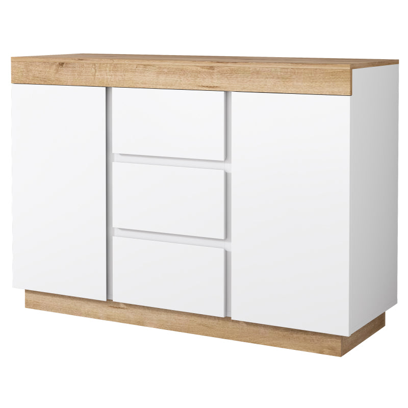 Kommode mit 3 Schubladen und 2 Türen, Schließfach,Funktion von Aufbewahrung, für Schlafzimmer und Wohnzimmer, E1-Spanplatte, weiß+oak