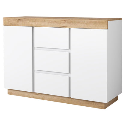 Kommode mit 3 Schubladen und 2 Türen, Schließfach,Funktion von Aufbewahrung, für Schlafzimmer und Wohnzimmer, E1-Spanplatte, weiß+oak