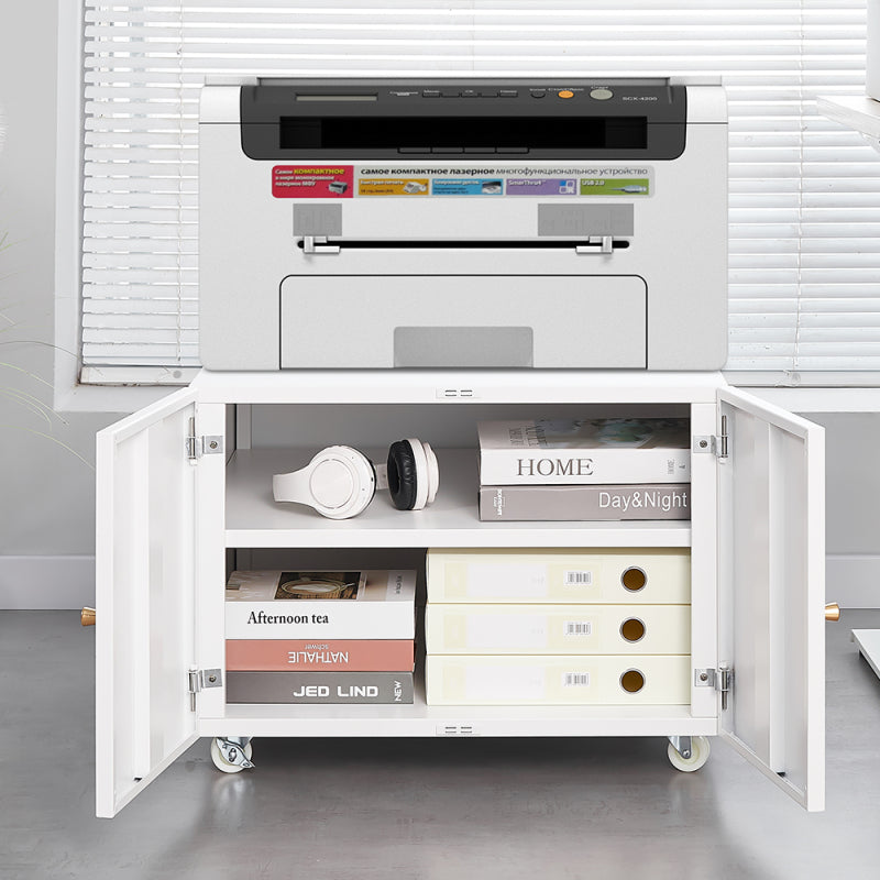 Metal Printer Stand with Storage Mobile Printer Tables for Small Spaces with Door Adjustable Shelf File Cabinet on Wheels for Home Office (White)