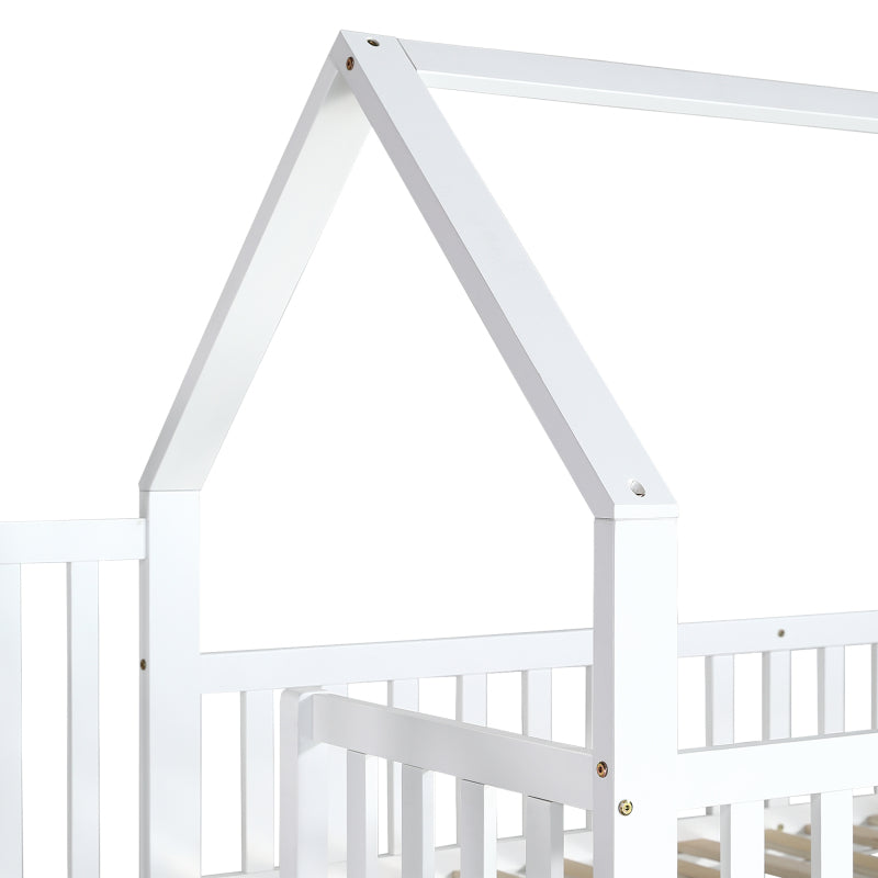 [29994142WAA]Etagenbett, Hausbett mit Treppe, Kinderbett mit Fallschutz und Gitter, Rahmen aus Kiefer, weiß (90x200&140*190cm)