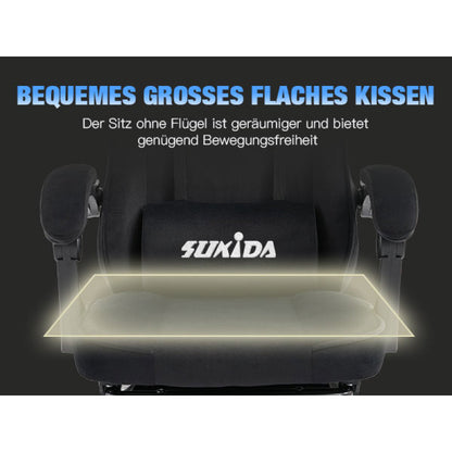Gaming Stuhl Stoff, Ergonomischer Gaming Chair mit Fußstütze, Verstellbarer Racing Computerstuhl mit Lordosenstütze, Schwarz Ergonomisch PC-Stuhl