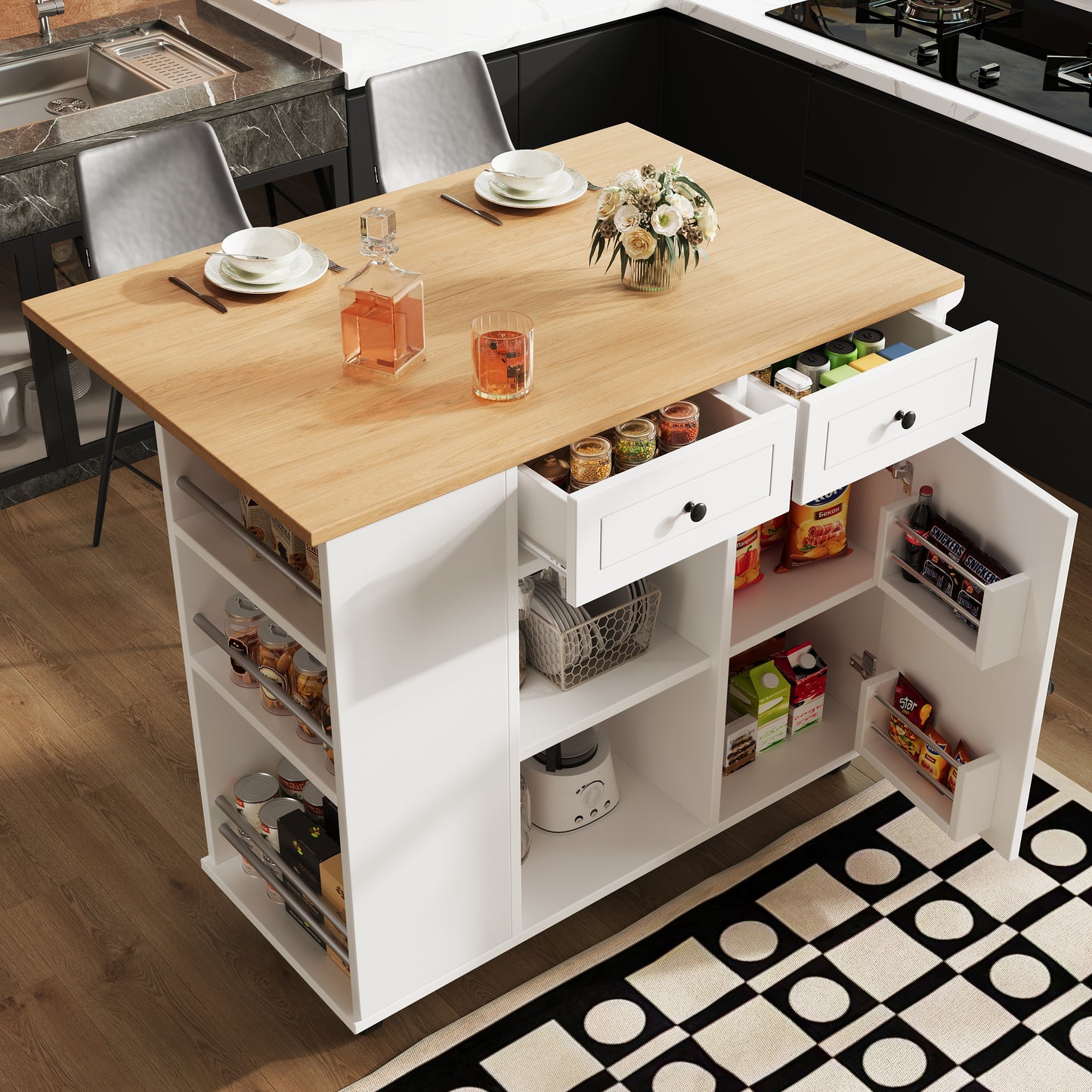 Kücheninsel mit herausnehmbaren Trennwänden, Küchenschrank, Esszimmerwagen mit Arbeitsplatte, Buffetschrank, Esszimmerwagen mit Holzmaserung, ausgestattet mit Snackhalter und Weinglasregal, weiß