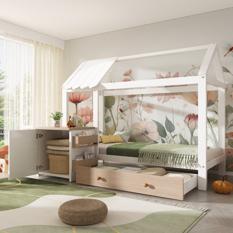 Hausbett Kinderbett 90x200 cm aus Massivholz mit Schubladen & abnehmbarem Nachttisch - Bodenbett in Weiß und Eichenweiß, ohne Matratze