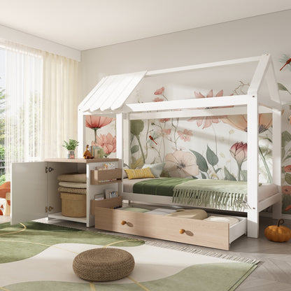 Hausbett Kinderbett 90x200 cm aus Massivholz mit Schubladen & abnehmbarem Nachttisch - Bodenbett in Weiß und Eichenweiß, ohne Matratze