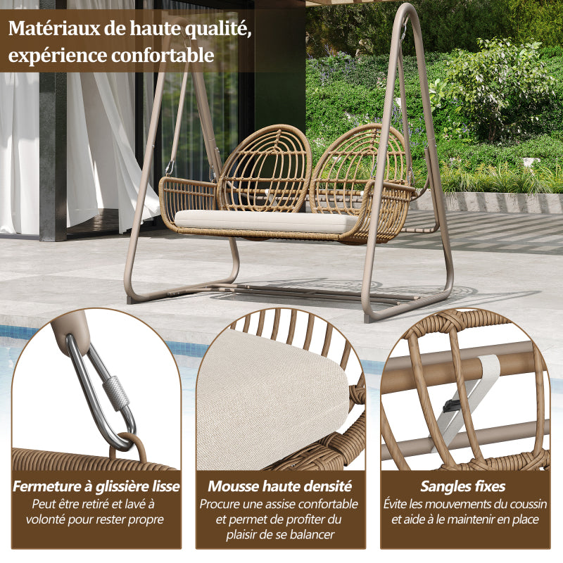 Gartenschaukel, Hollywoodschaukel mit Rückenlehne, Gartenmöbel-Set für den Außenbereich,Doppelschaukel aus PE-Rattan, 2 Sitze, Brauner Sitzrahmen und beiges Kissen