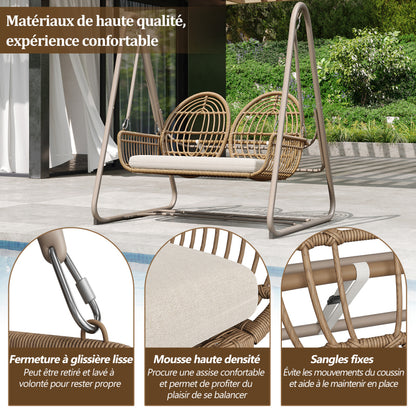 Gartenschaukel, Hollywoodschaukel mit Rückenlehne, Gartenmöbel-Set für den Außenbereich,Doppelschaukel aus PE-Rattan, 2 Sitze, Brauner Sitzrahmen und beiges Kissen