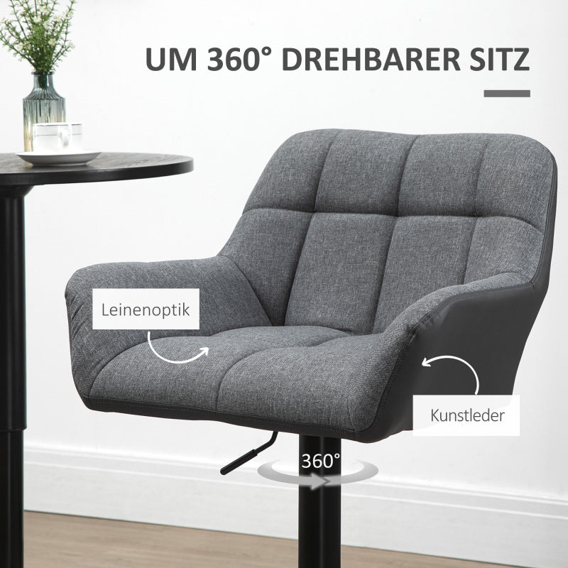 Barhocker küche 2er-Set Höhenverstellbar 360° drehbar mit Lehne und Fußstütze, Leinenoptik, bis 120 kg, 57,5 x 52,5 x 93-114 cm, Grau