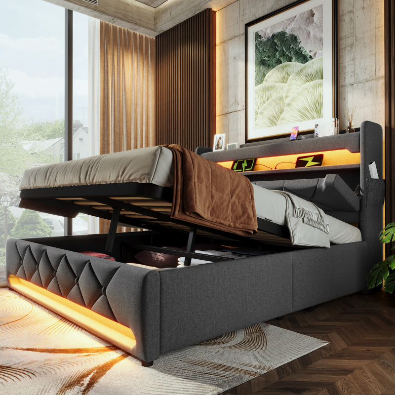 Polsterbett Doppelbett 180*200, Stauraum Kopfteil mit USB und Typ C-Port ,360-Surround-LED-Funktion rund um Kopf- und Fußende des, Betten mit Hydraulisch Stauraum, Grau , Leinen(Ohne Matratze)