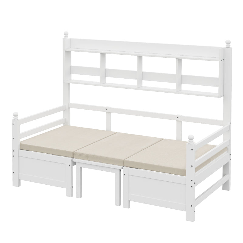 Multifunktionales Massivholz Schlafsofa 200x90 cm, 2-in-1 Bett und Schreibtisch, Frei Umbaubar, Mit Bücherregal Zur Aufbewahrung, Mit Bequemen Kissen, Gästebett Einzelholzbett, Weiß