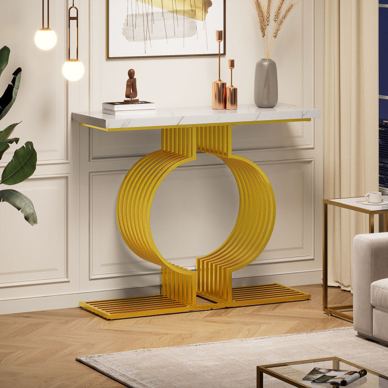 100*35*80cm moderner schlichter weißer Hochglanz-Couchtisch, kleiner Beistelltisch für das Wohnzimmer, Konsolentisch, goldener Fuß, zwei Aufstellmöglichkeiten