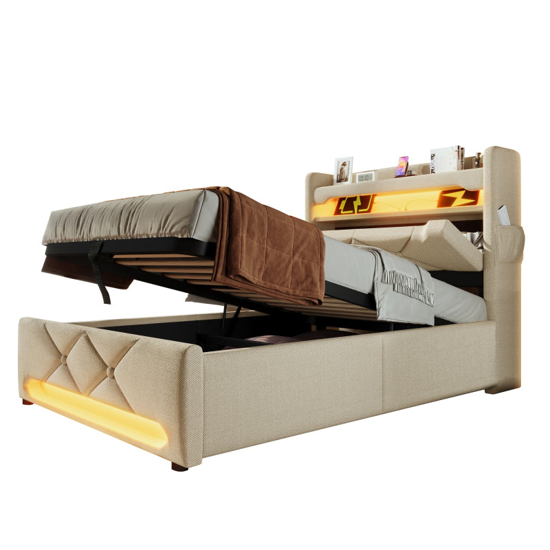 Polsterbett Einzelbett 90*200, Stauraum Kopfteil mit USB und Typ C-Port ,360-Surround-LED-Funktion rund um Kopf- und Fußende des, Betten mit Hydraulisch Stauraum, Beige , Leinen(Ohne Matratze)