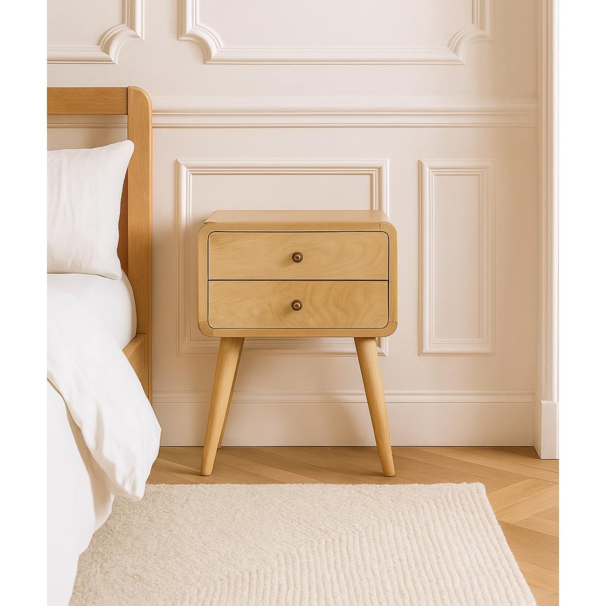 Nachttisch aus massivem Mangoholz – Oak-ish Finish, Curved Design, 2 Schubladen, Handgefertigt, Skandinavischer Stil, 45x35x55 cm