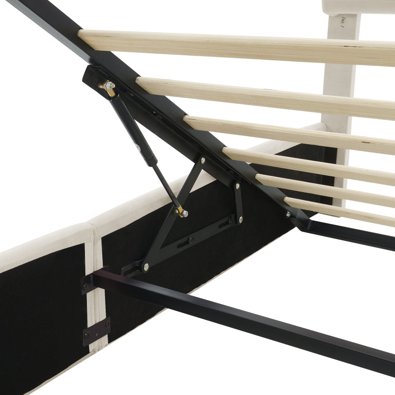 Polsterbett, Doppelbett, hydraulisches Bett, Hasenohren mit einstellbarer Helligkeit warmfarbenen Lichtstreifen, Stauraum unter dem Bett, zwei Aufbewahrungshockern, Samt, Beige, 140x200cm