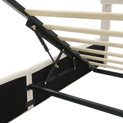 Polsterbett, Doppelbett, hydraulisches Bett, Hasenohren mit einstellbarer Helligkeit warmfarbenen Lichtstreifen, Stauraum unter dem Bett, zwei Aufbewahrungshockern, Samt, Beige, 140x200cm