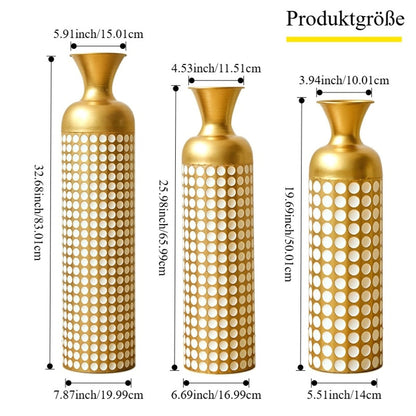 Bodenvase 3er Set Gold, Metallvase Punkte, Vintage Dekovase 83 cm, Übertöpfe groß, Standvase Gold