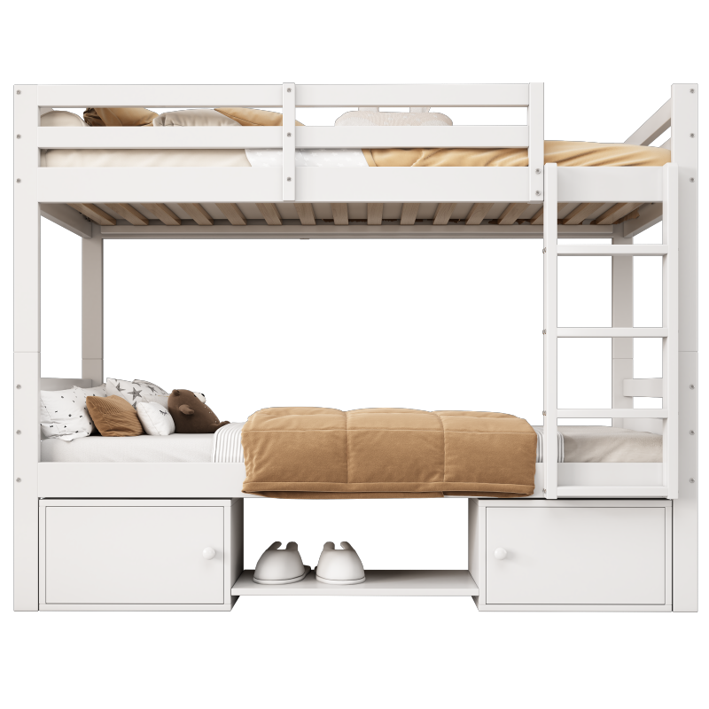 Etagenbett für Kinder, Kinderbett mit Schuhregale und Schließfächer, Bett aufgeteilt in 2 Einzelbetten, Jugendbett, Einzelbett, Weiß, 90x200cm.
