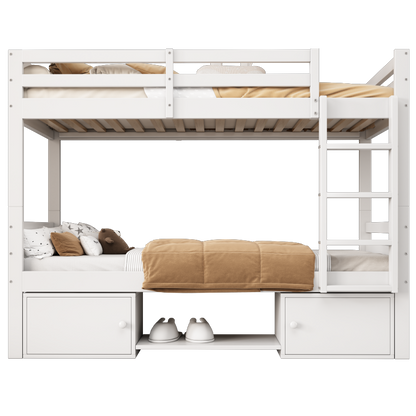 Etagenbett für Kinder, Kinderbett mit Schuhregale und Schließfächer, Bett aufgeteilt in 2 Einzelbetten, Jugendbett, Einzelbett, Weiß, 90x200cm.
