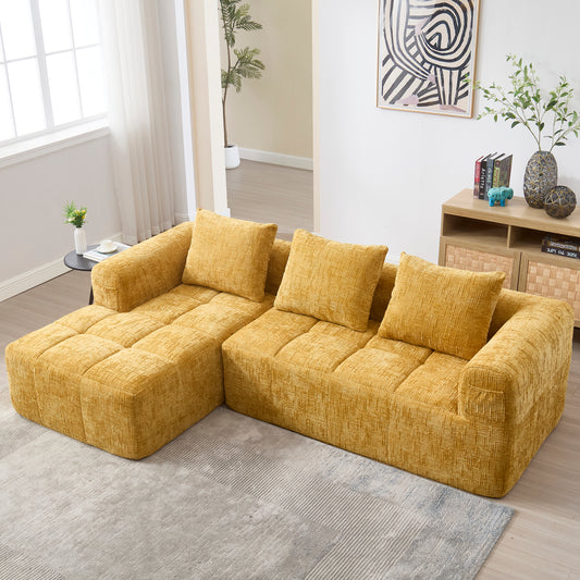 Modernes Sektionssofa, L-Sofa, 3-Sitzer-Sofa, keine Installation erforderlich, Chenille-Sofa mit Chaiselongue und Armlehnen, 3 Kissen, Seitentasche für Fernbedienung, Gelb