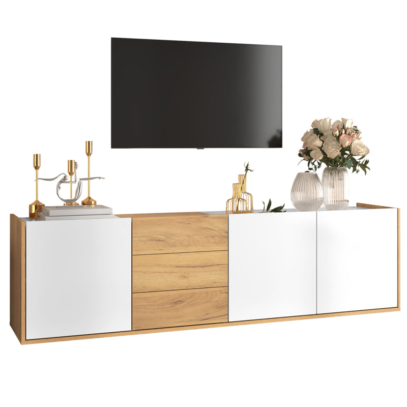 TV-Schrank, niedriges Paneel in Weiß und Holzfarben, TV-Möbel, die an die Wand gehängt oder auf den Boden gestellt werden können