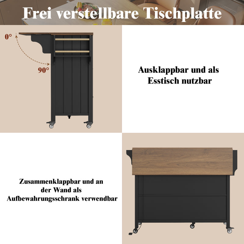 Kücheninsel mit herausnehmbaren Trennwänden, Speisewagen mit Arbeitsplatte, Buffetschrank, Speisewagen mit Glasvitrine in Holzmaserung, LED-Leuchten, seitlicher Handtuchhalter mit Rollen, Schwarz