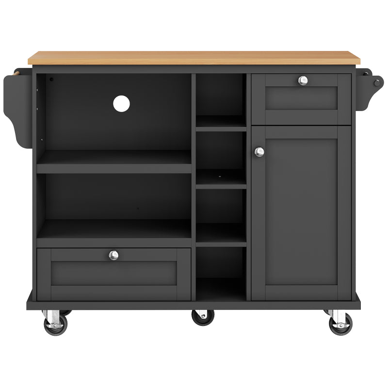 Esszimmerwagen (129 x 46 x 92 cm), moderner und einfacher schwarzer, beweglicher Küchen-Esswagen mit Schubladen und Lagerschränken, hellbraune Holzarbeitsplatte, geeignet für moderne Familien