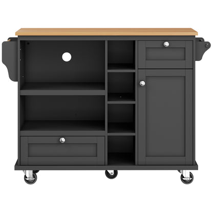 Esszimmerwagen (129 x 46 x 92 cm), moderner und einfacher schwarzer, beweglicher Küchen-Esswagen mit Schubladen und Lagerschränken, hellbraune Holzarbeitsplatte, geeignet für moderne Familien